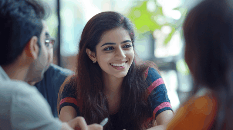 a woman smiling at a table