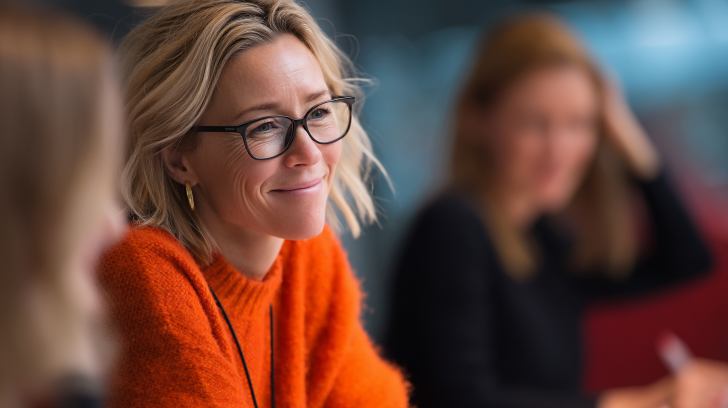 Smiling woman in a meeting setting.