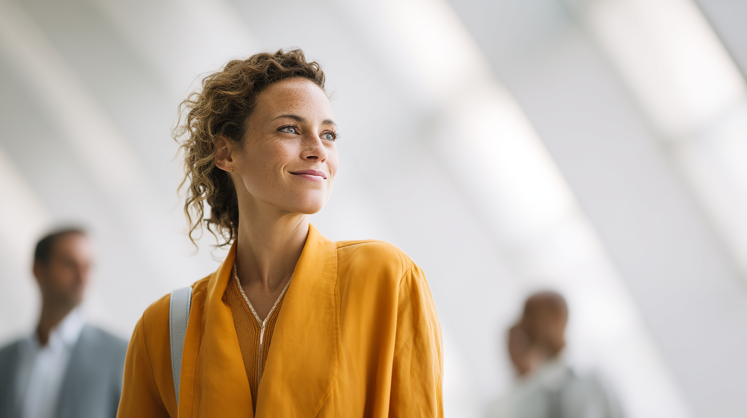Woman in yellow coat, modern setting.