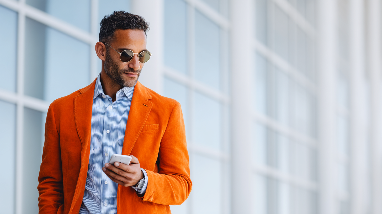 Man in orange jacket using smartphone.