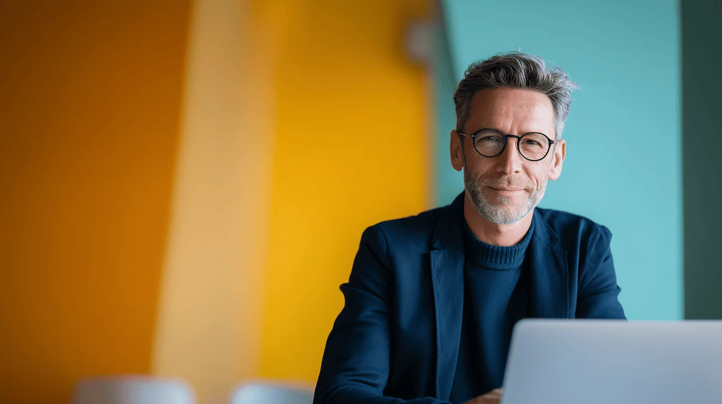 Man working on laptop in colourful setting.