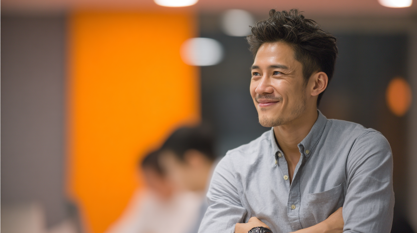 Smiling man in a modern office.