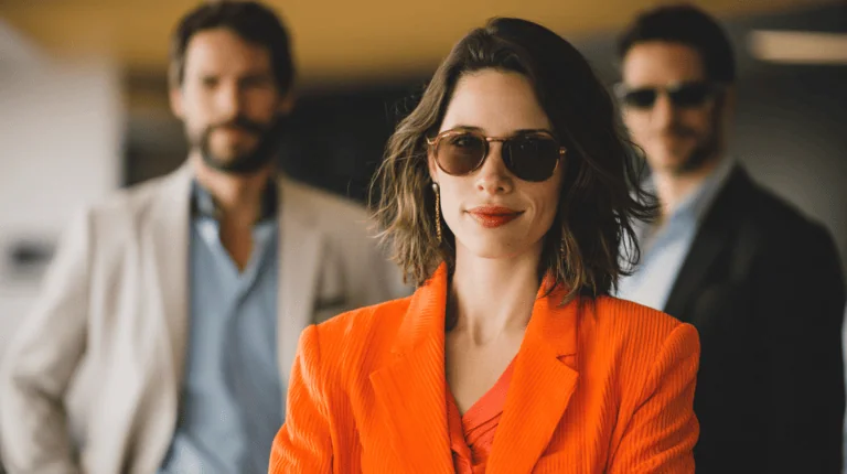 Confident woman in orange, men behind