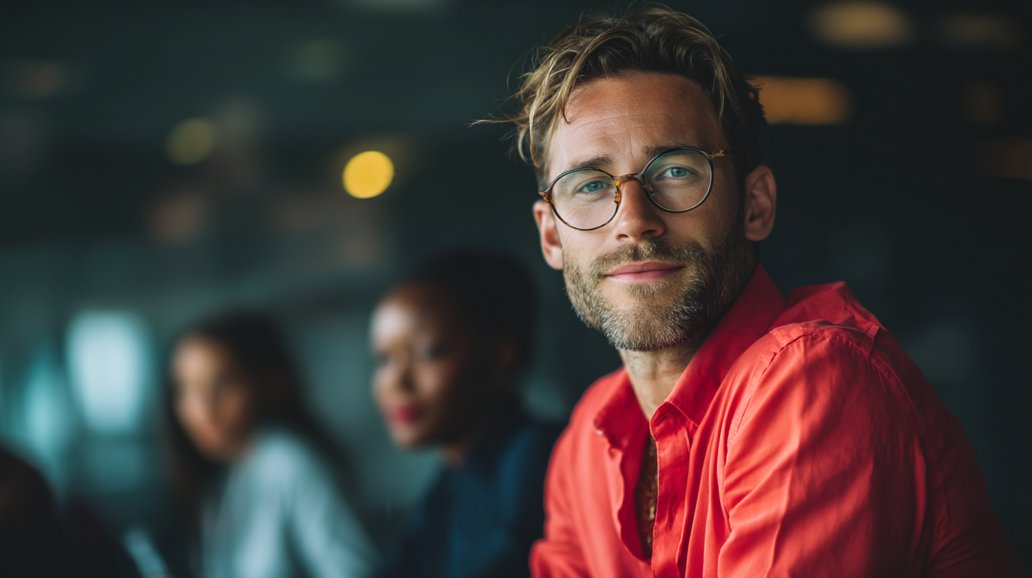 Man in red shirt with glasses