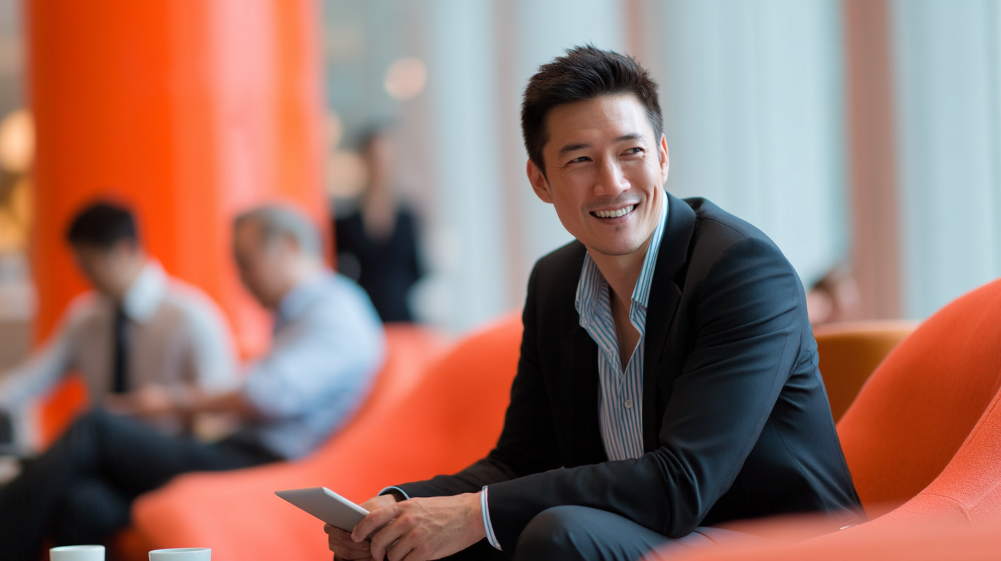Businessman seated in modern lounge area.