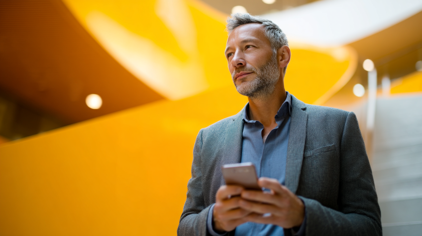 Man using smartphone in modern setting.