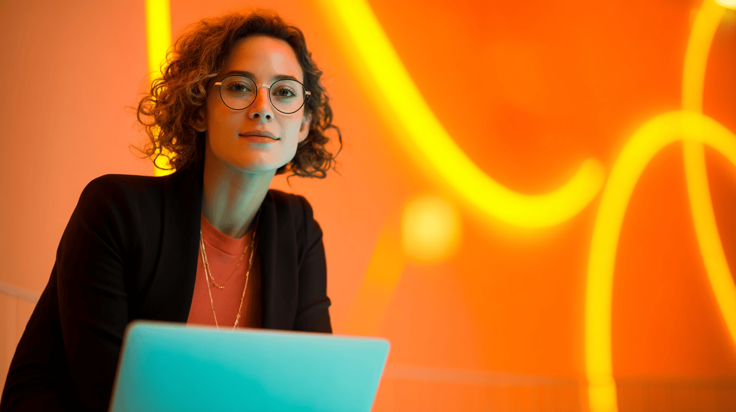 a woman sitting in front of a laptop