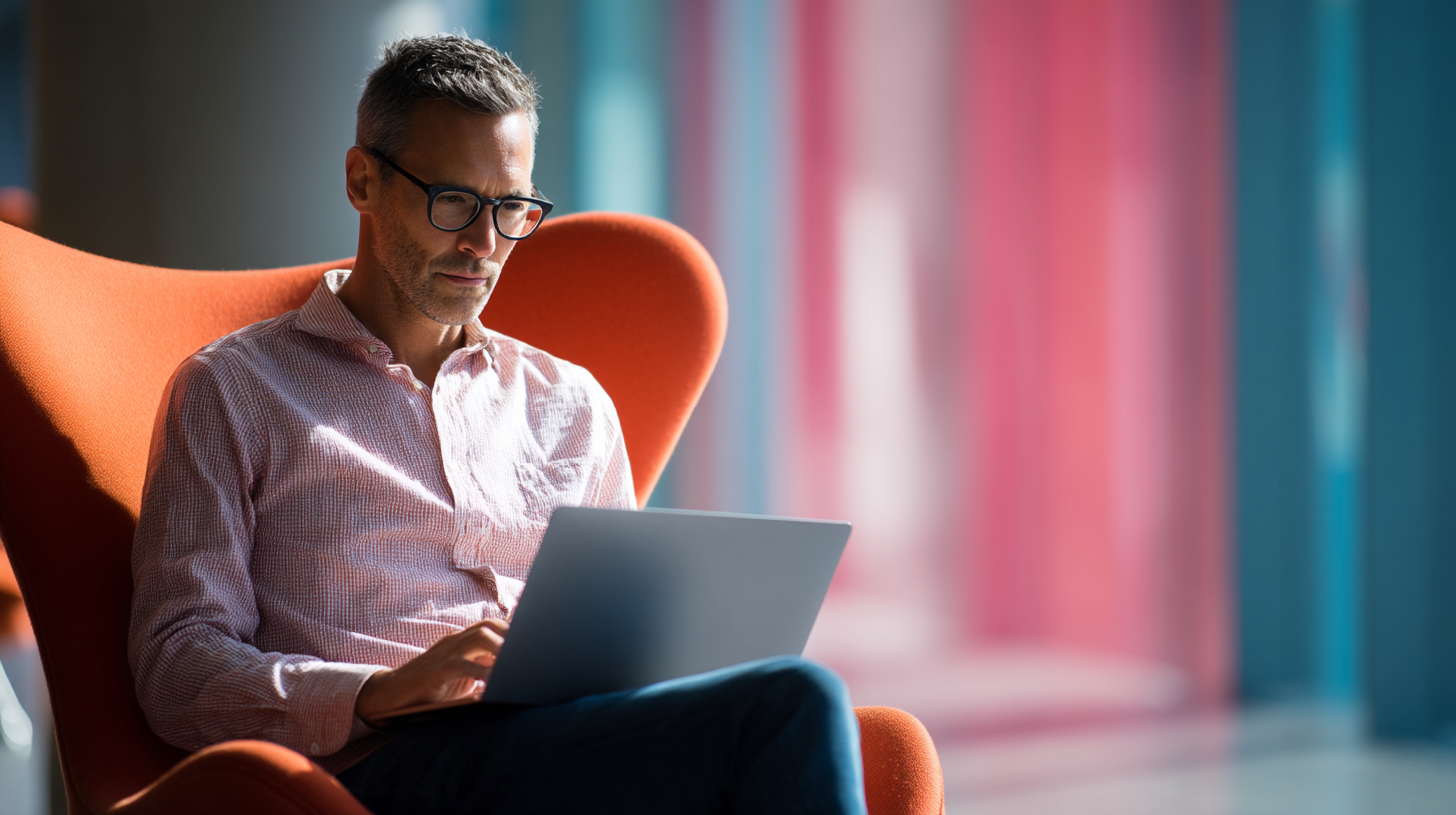 Man working on laptop in chair