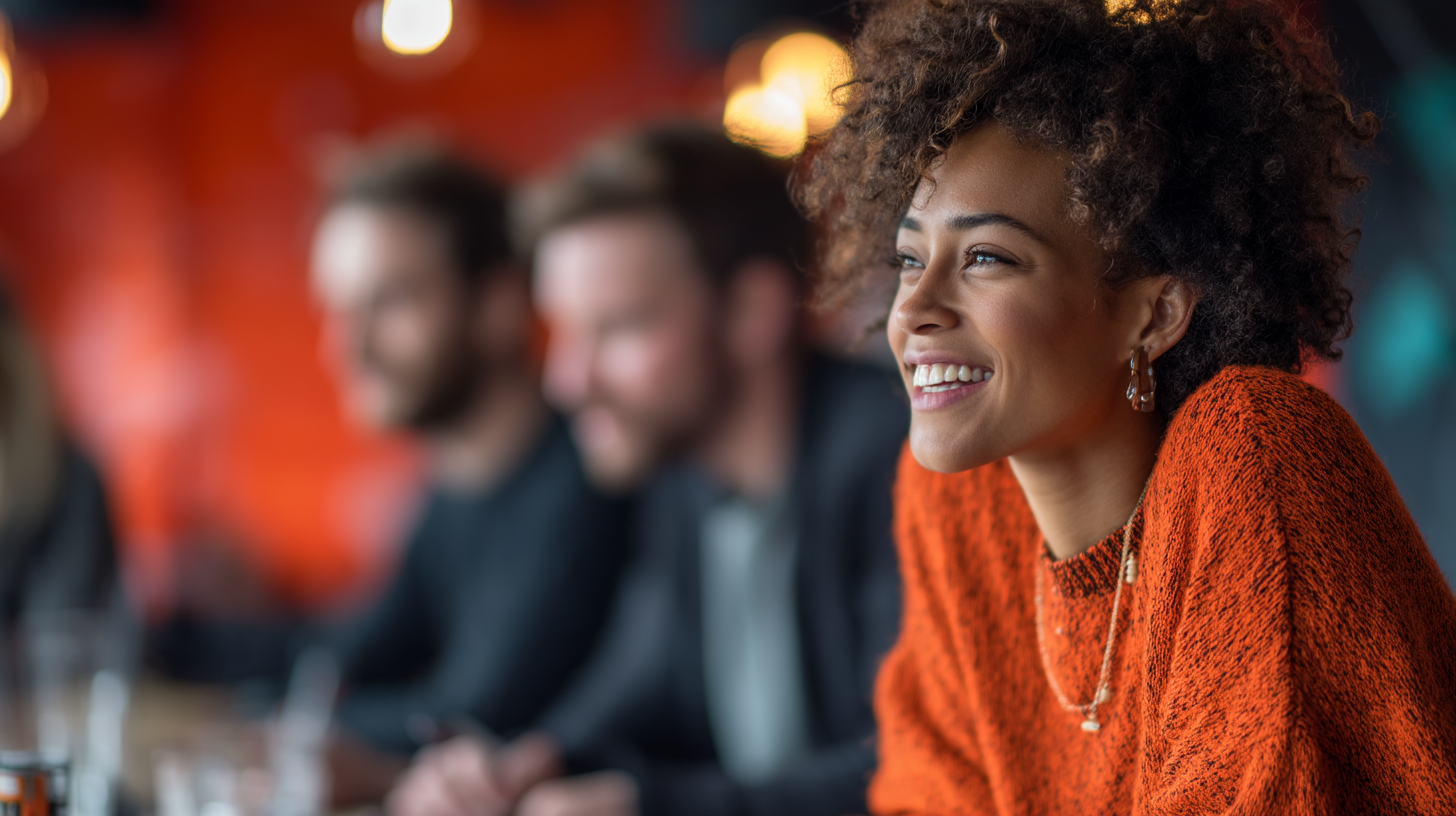Smiling woman at a meeting table.