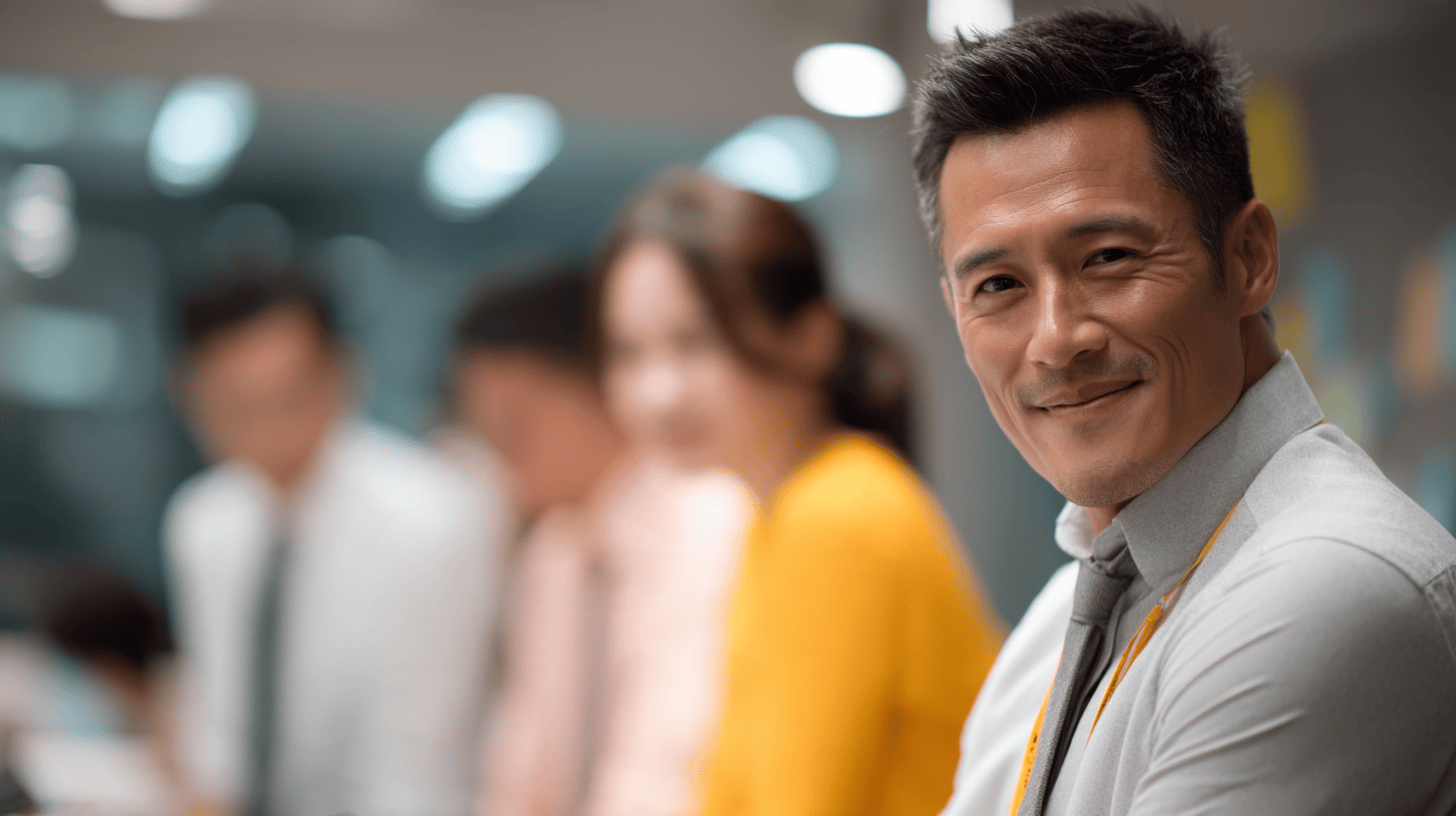 Confident businessman smiling at the camera during a professional meeting.
