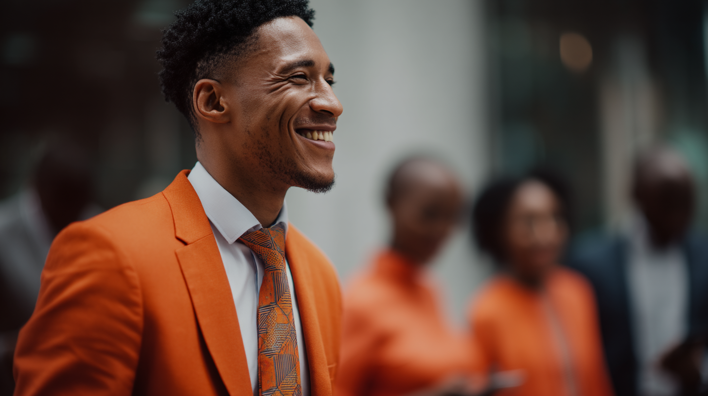 Confident businessman smiling at an outdoor professional event.