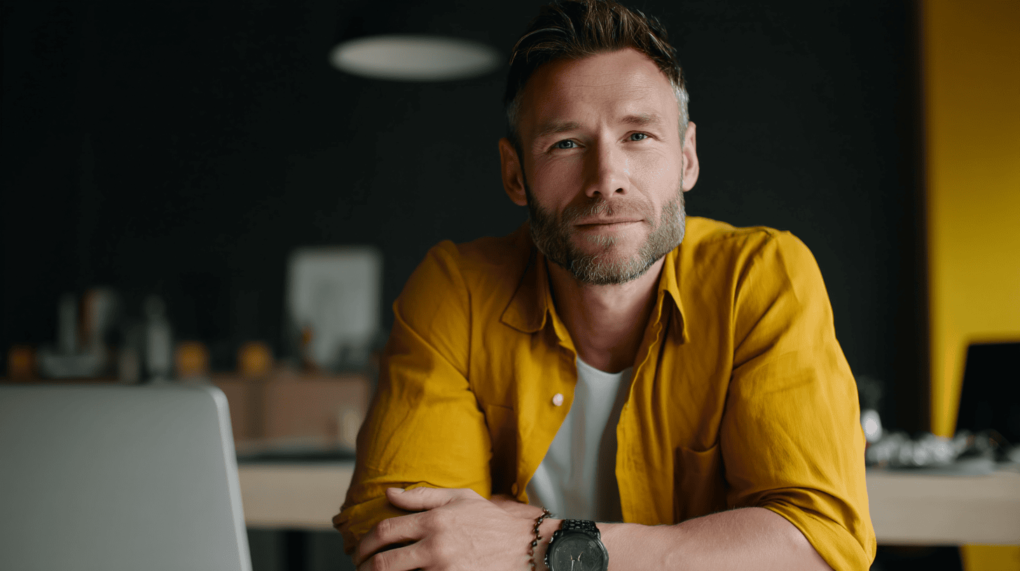 A creative office worker in a yellow shirt