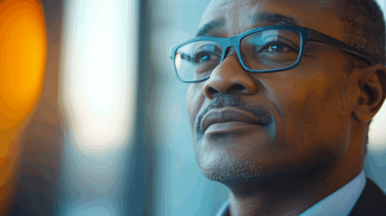 a man wearing glasses looking up