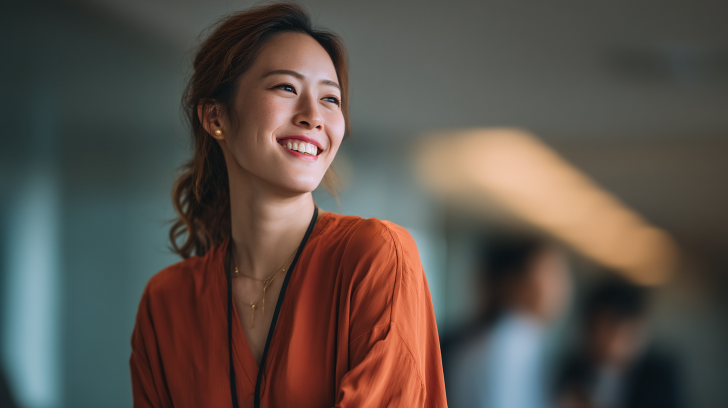 Woman in orange top, blurred background.