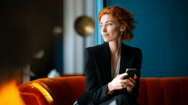 Woman sitting on orange sofa, using phone.