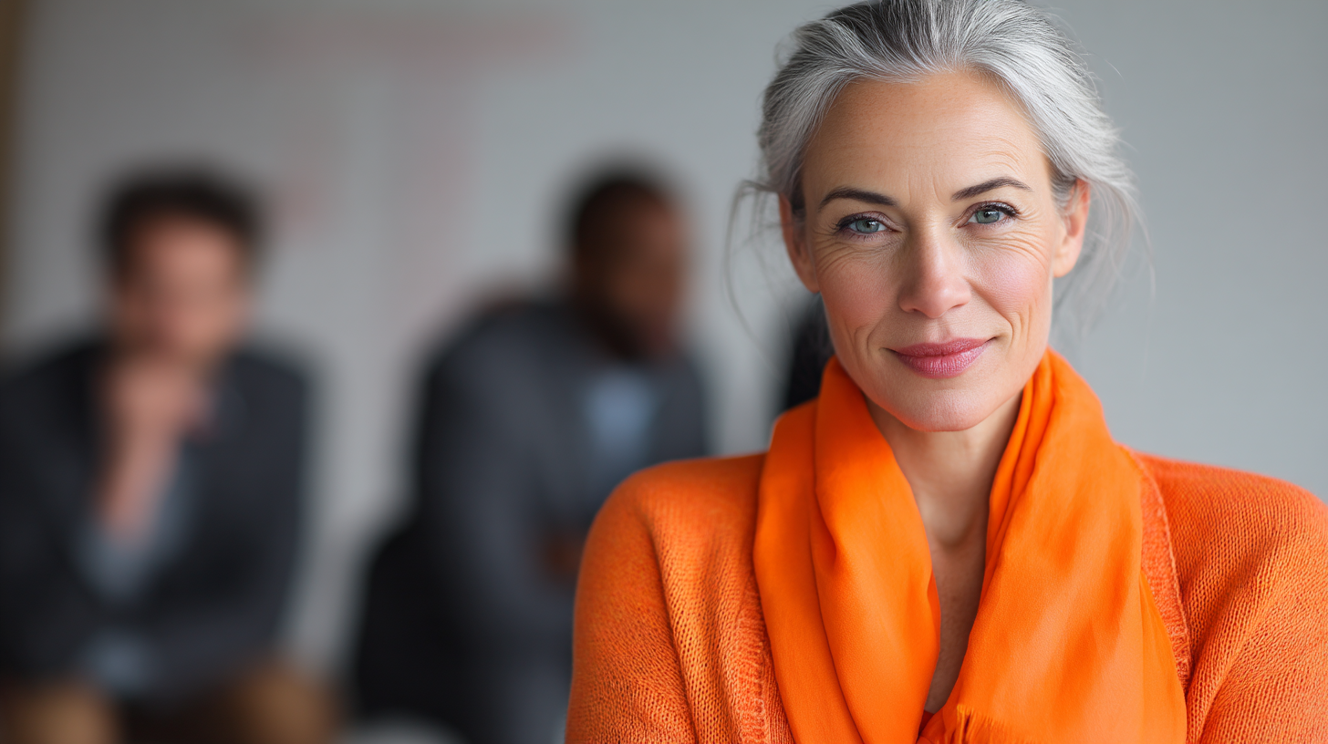 Woman in orange scarf, two men behind.