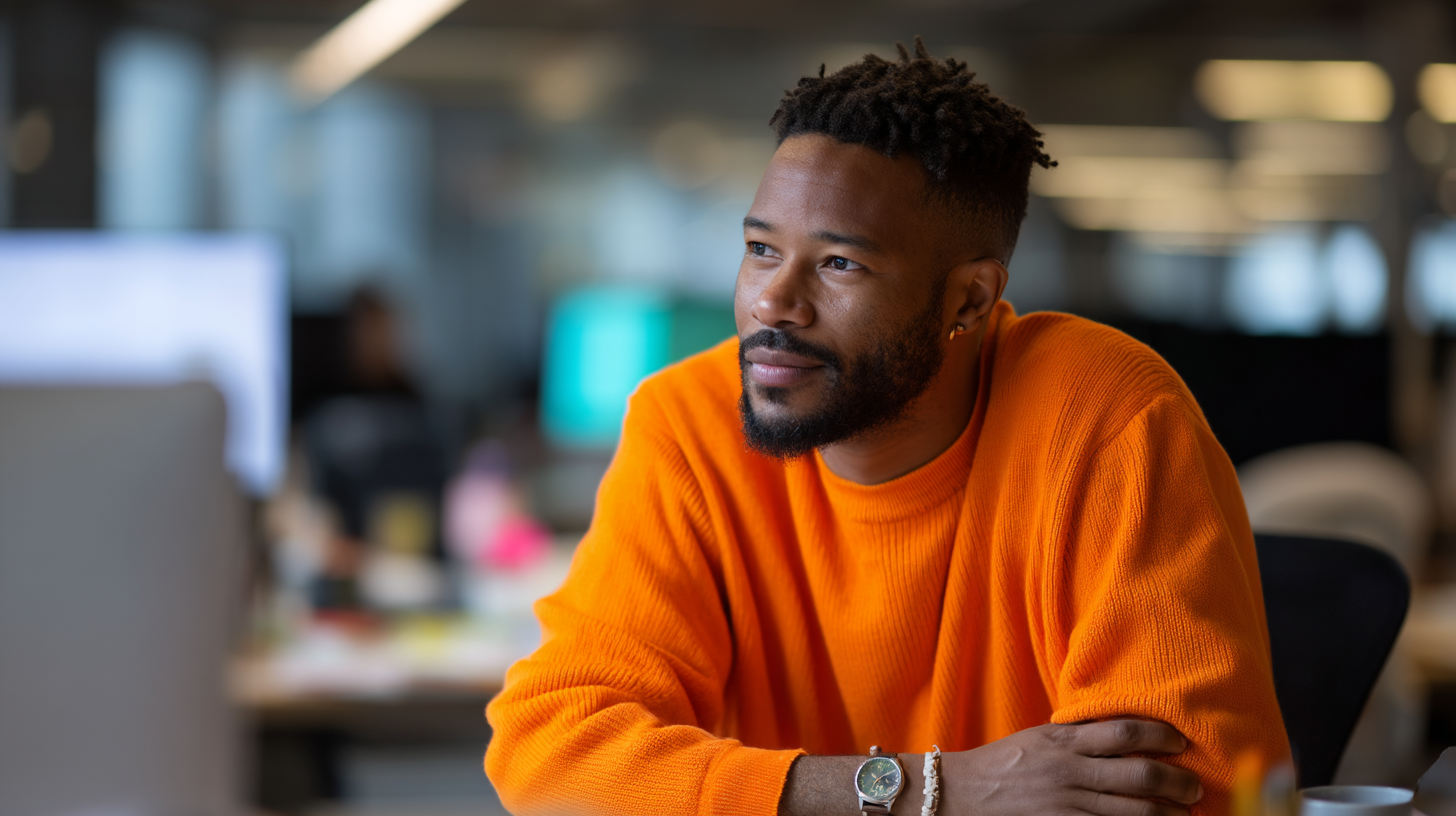 Person in orange sweater at desk.