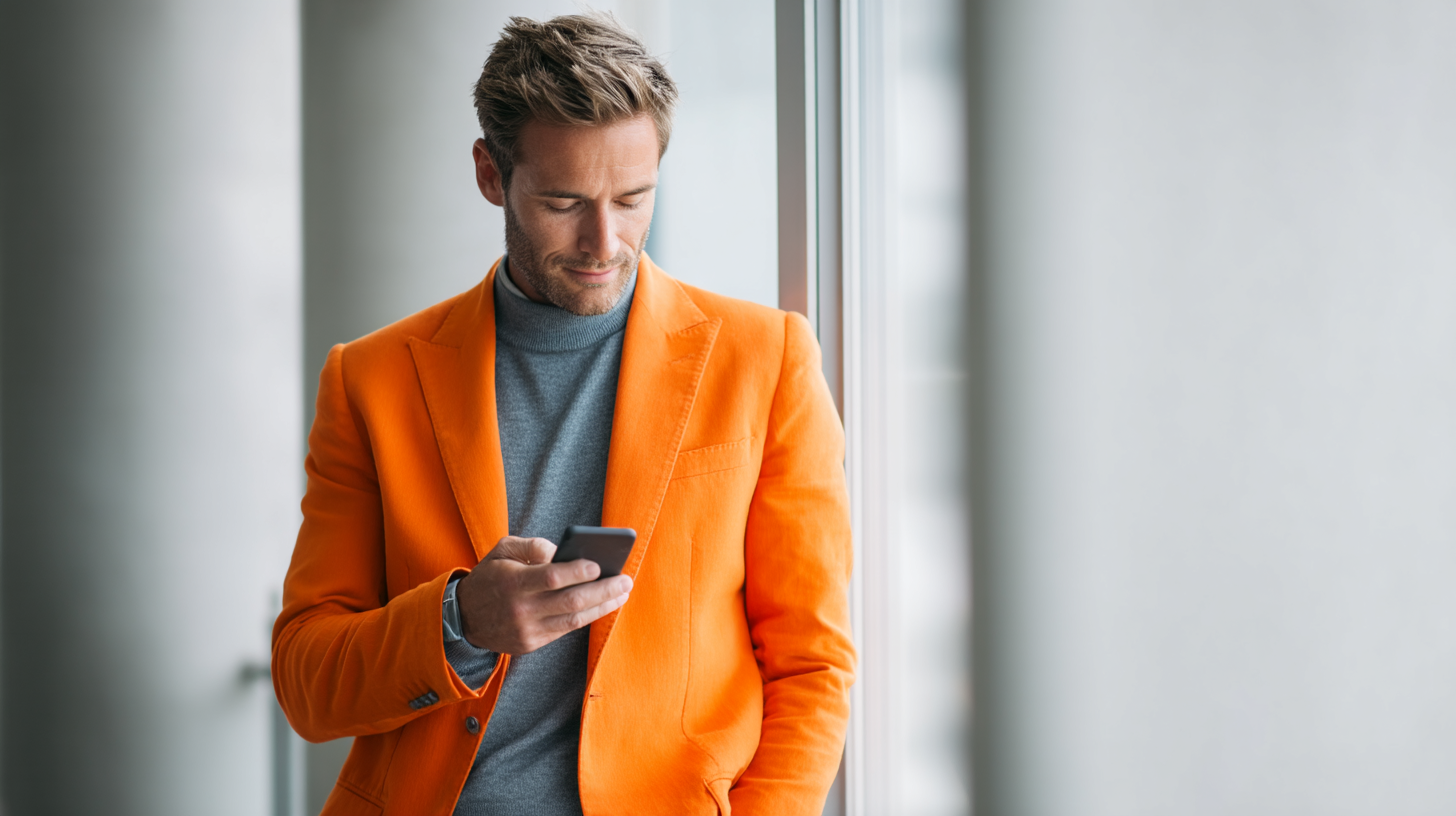 Man in orange suit using smartphone.
