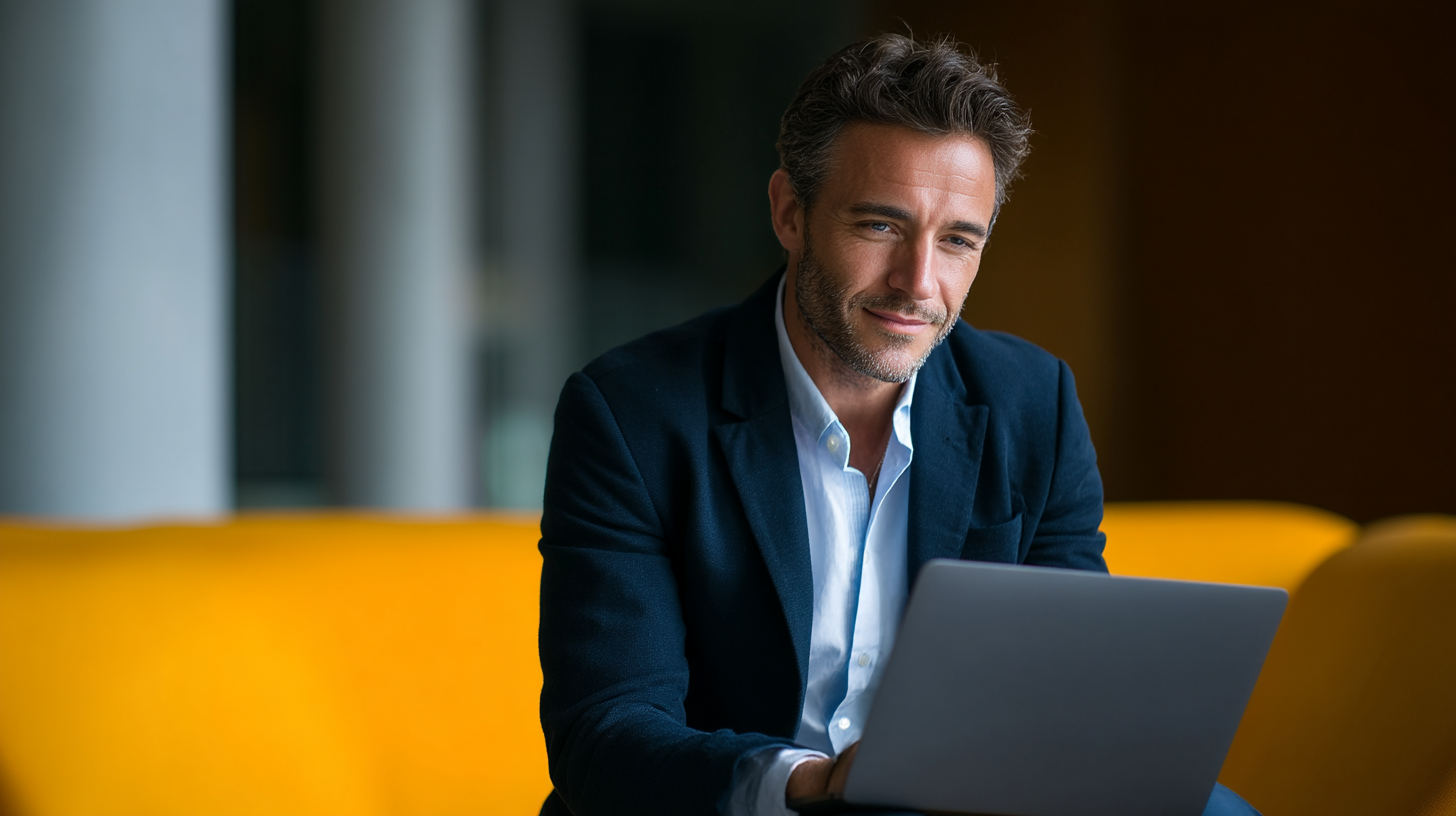 Man working on laptop in dim light.