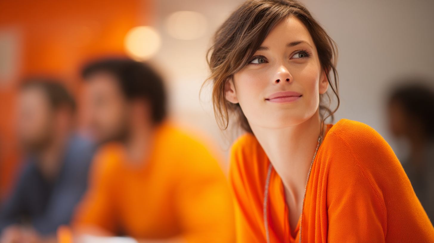 People in orange attire engaged together.