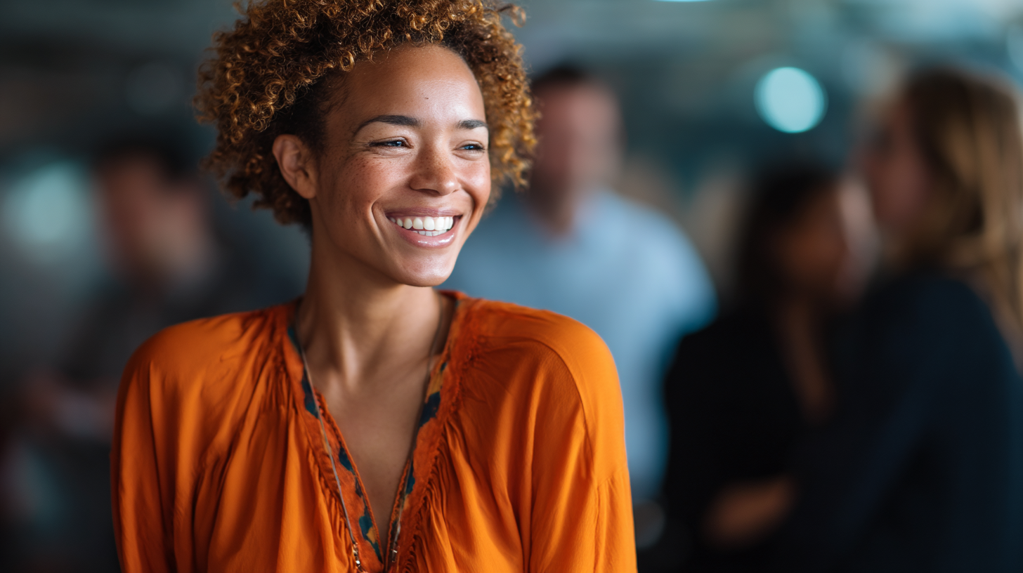 Person in orange top, blurred background.