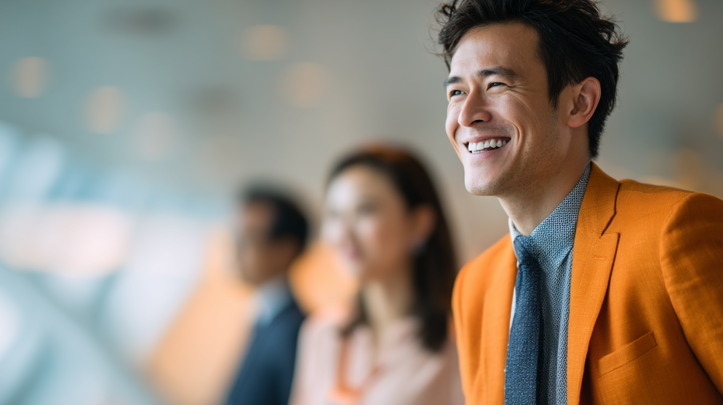 Three people in a modern setting.