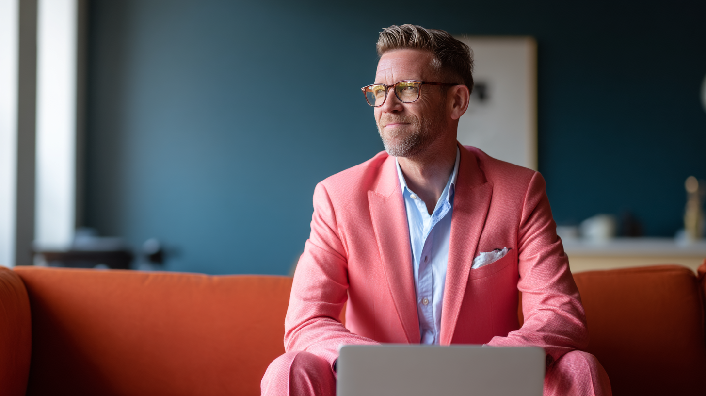 Man in pink suit using laptop.