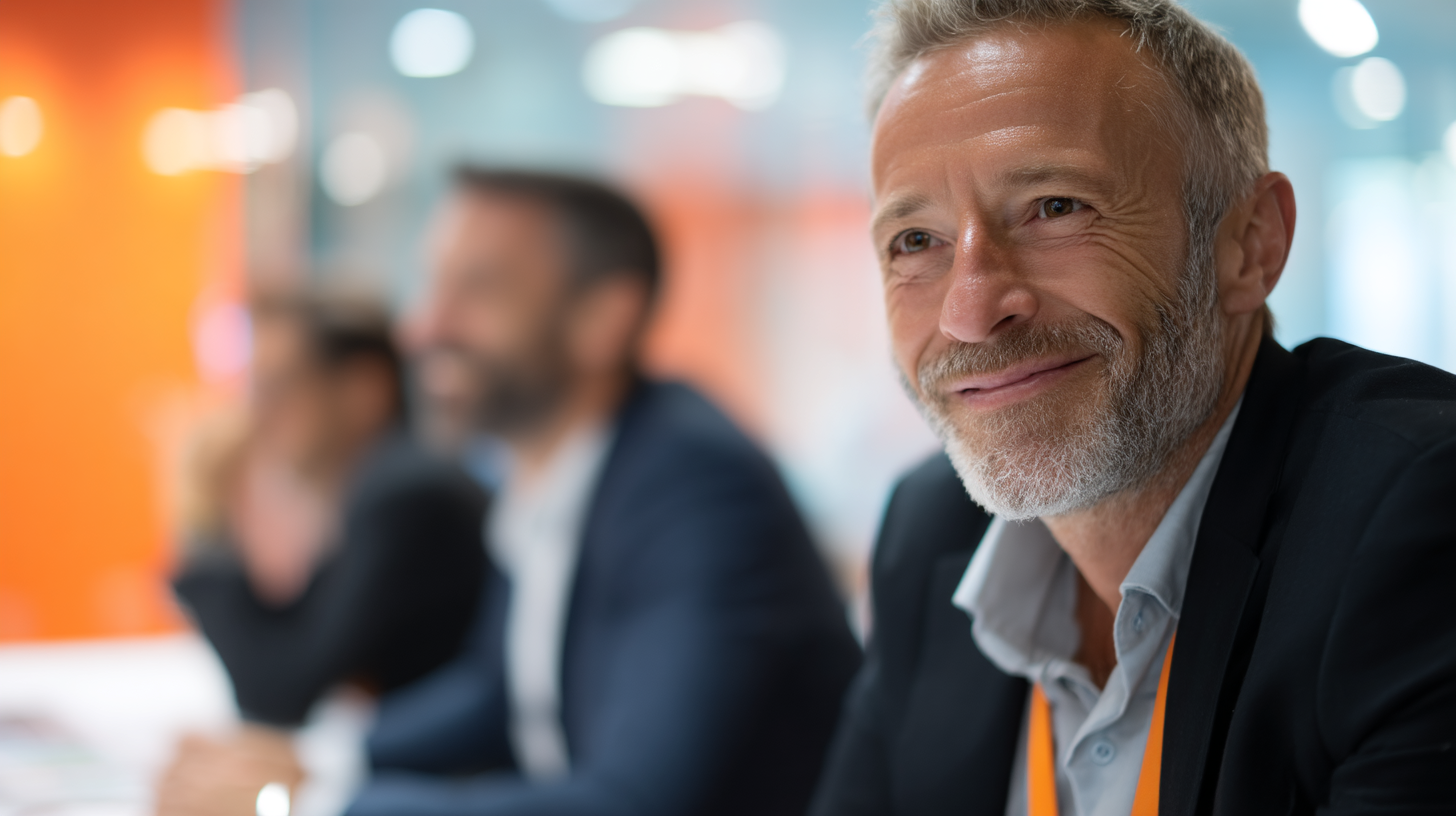 Business meeting with blurred participants.