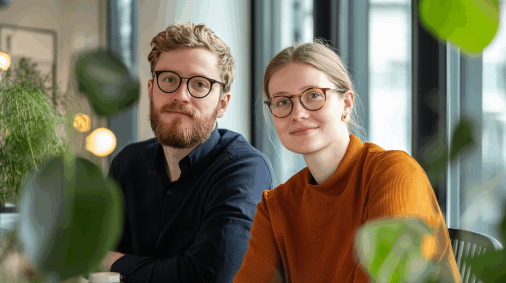 a man and woman sitting at a table