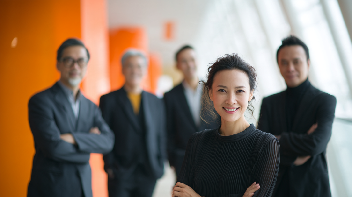 Confident woman with colleagues in background