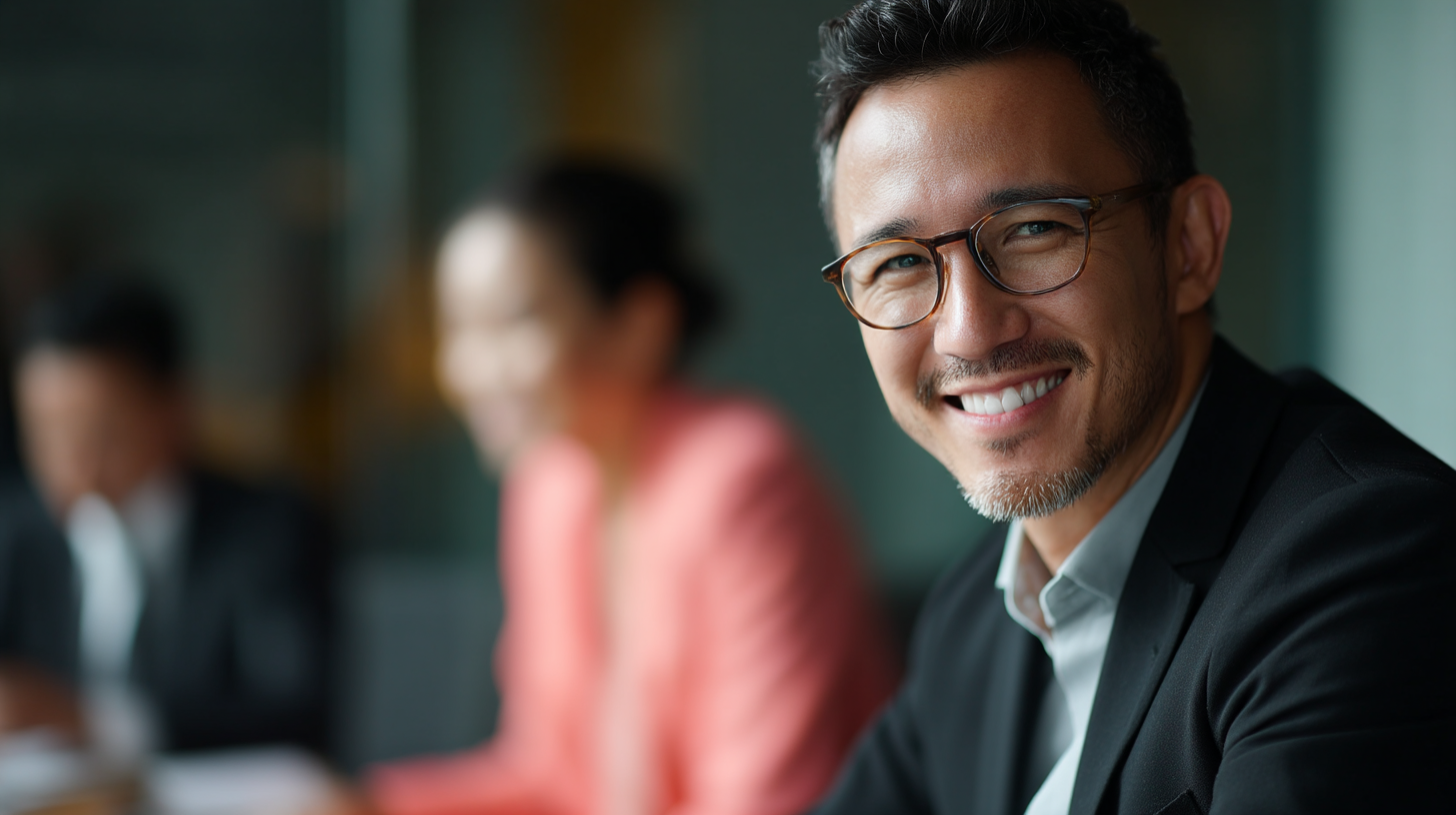 Smiling man in business meeting setting.
