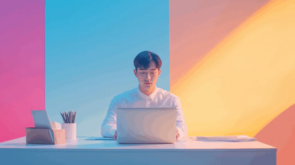 a man sitting at a desk with a laptop