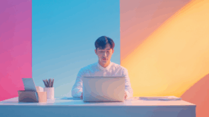 a man sitting at a desk with a laptop