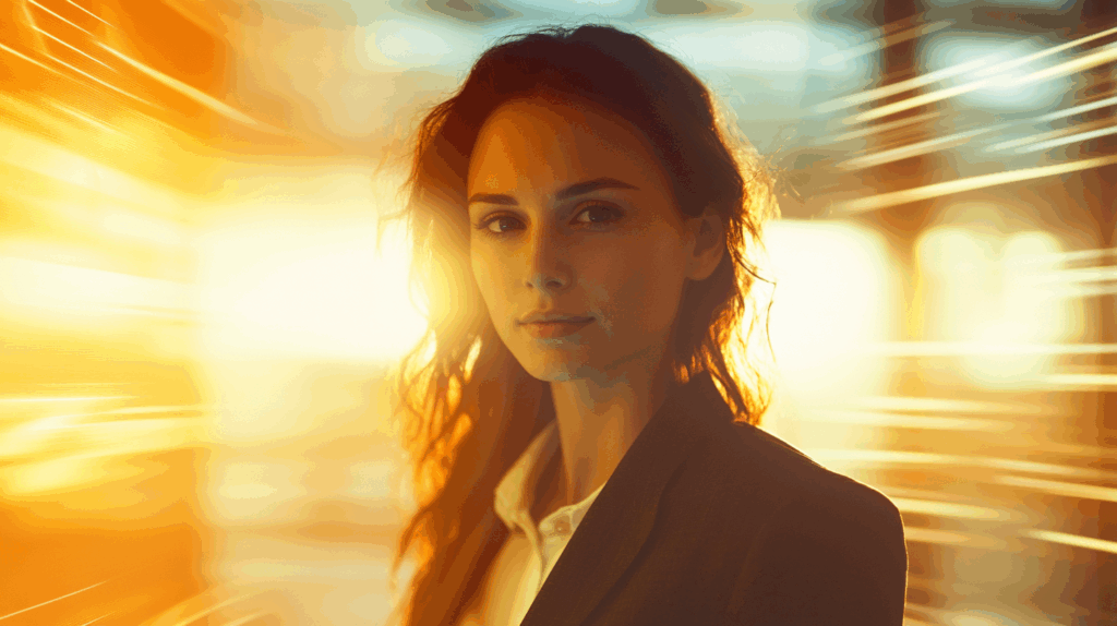 a woman with long hair wearing a suit