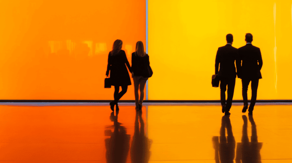 a silhouettes of people walking in front of a large yellow wall