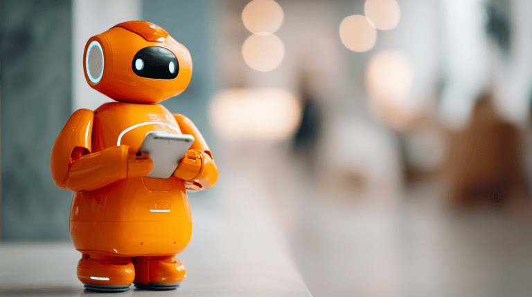 Orange robot holding a smartphone.