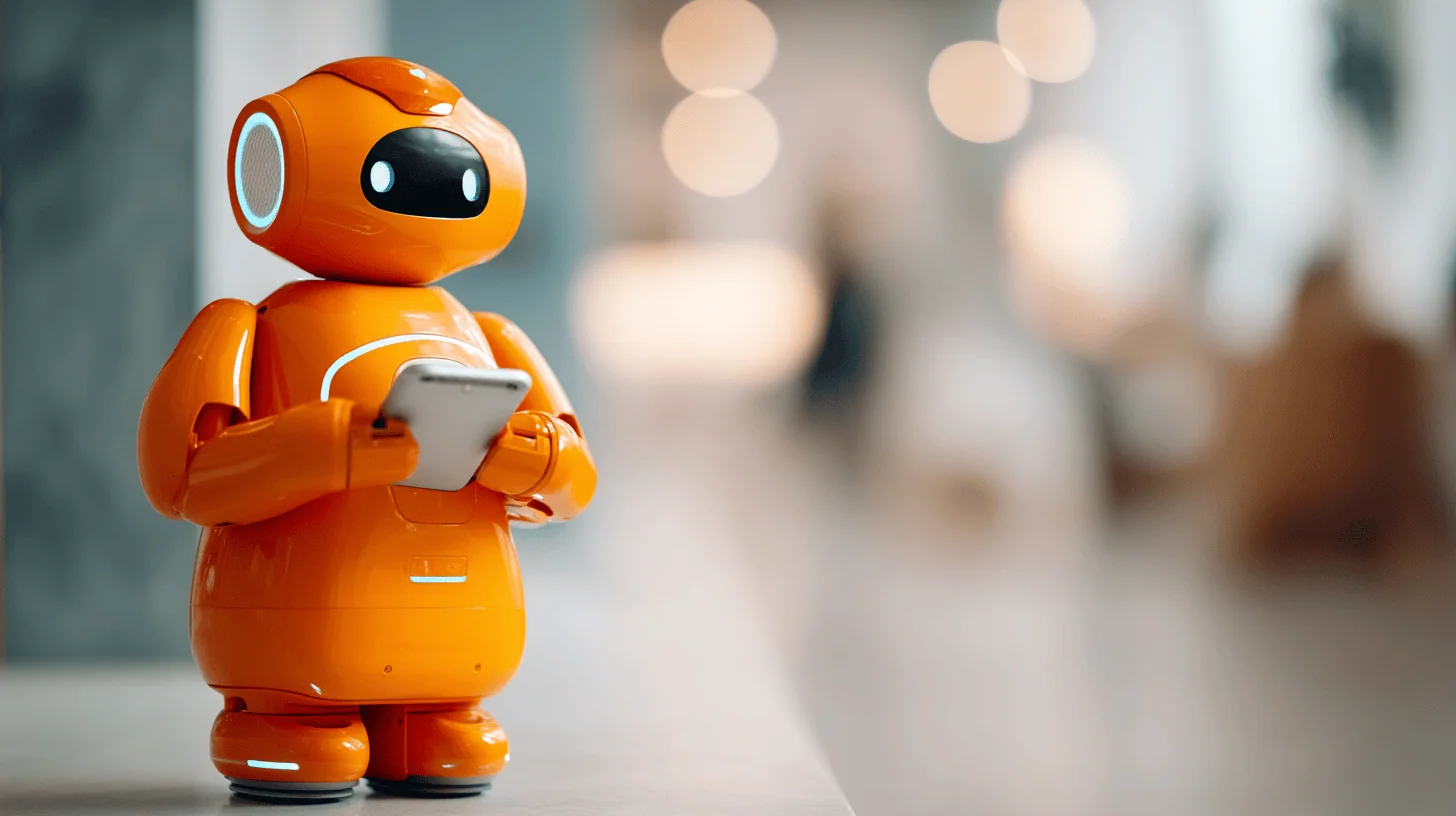 Orange robot holding a smartphone.