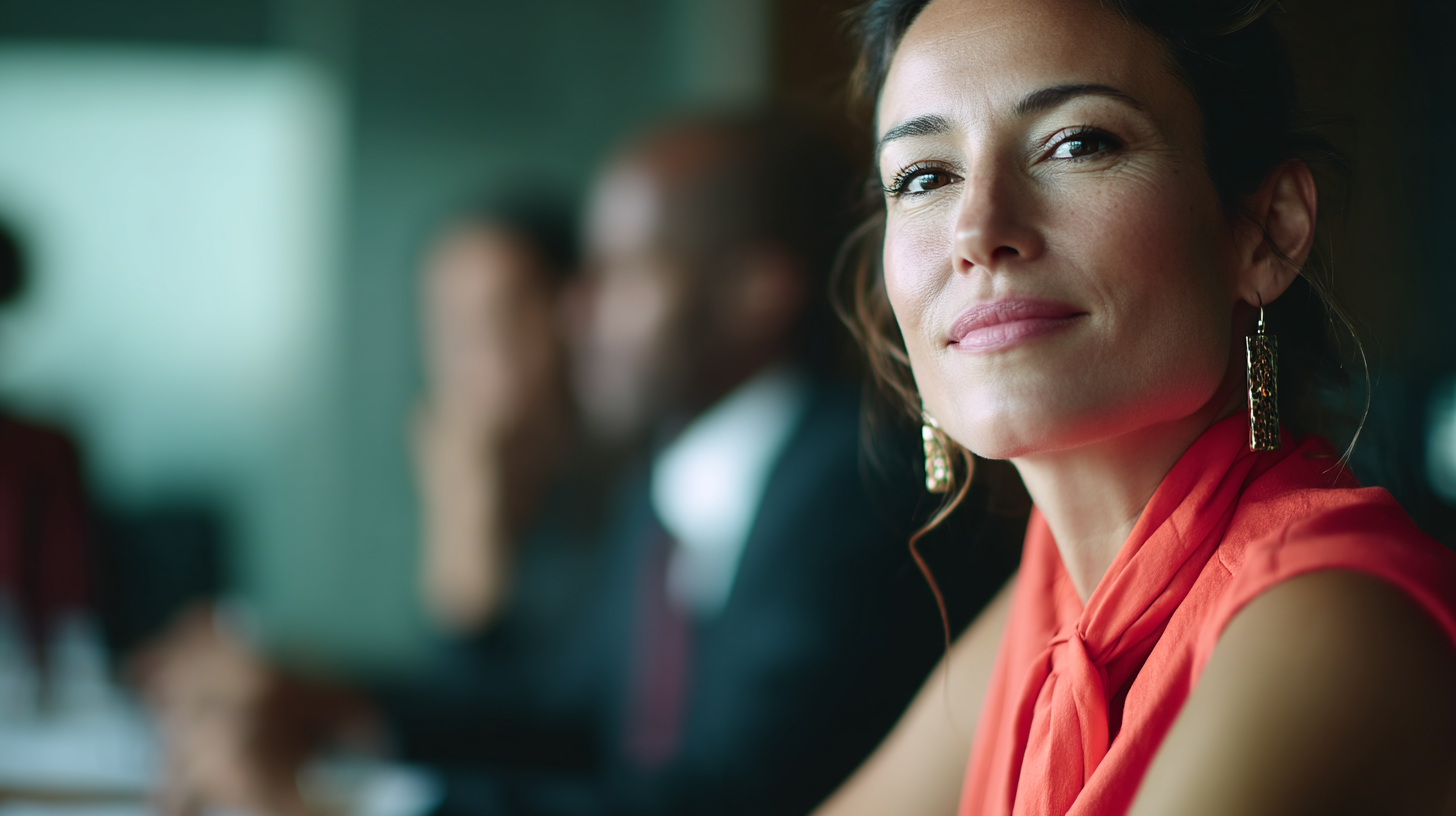Confident woman in a meeting setting.