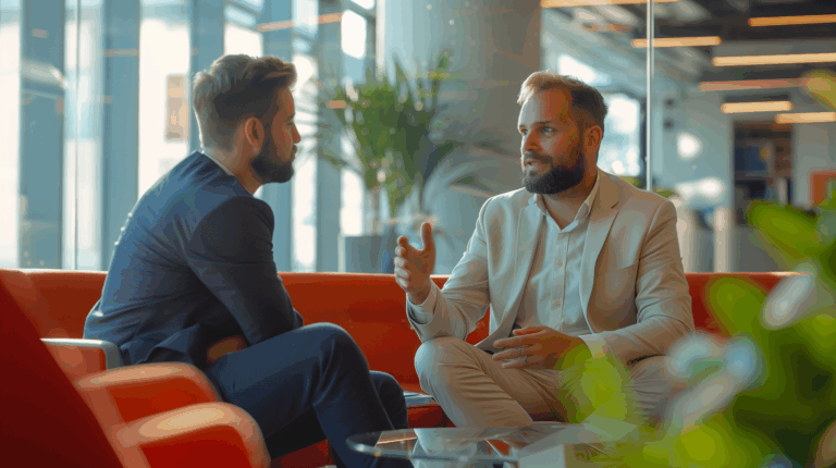 two men sitting on chairs talking