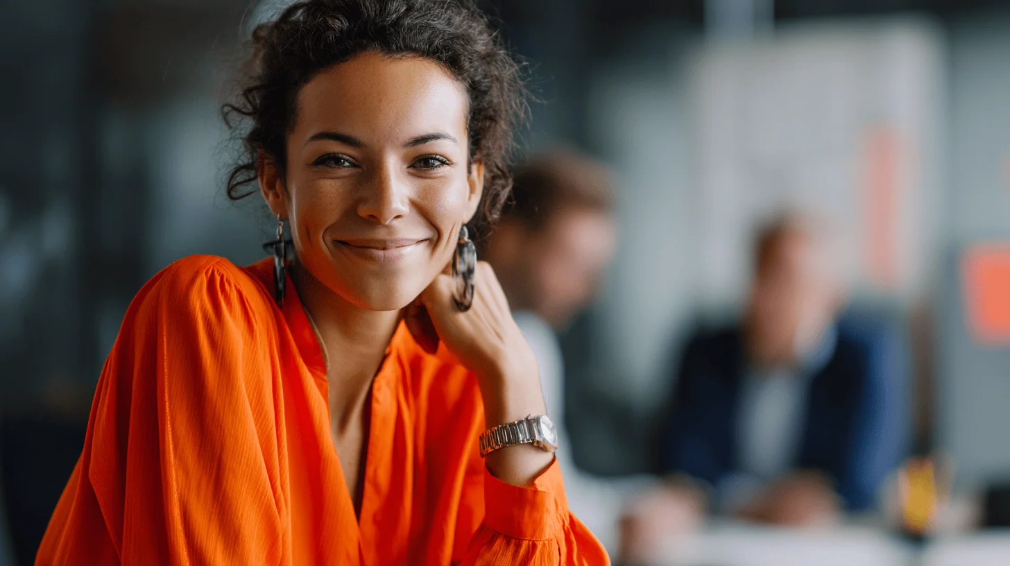 Woman in orange blouse, thoughtful expression.