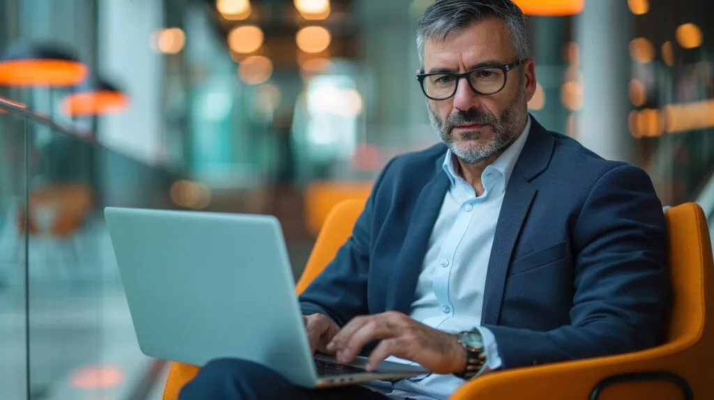 a man sitting in an orange chair using a laptop