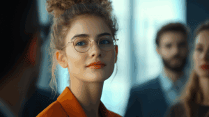 a woman with glasses and a bun