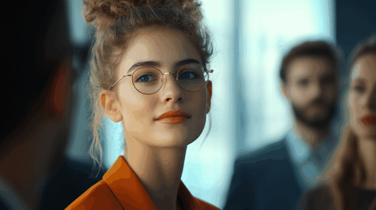 a woman with glasses and a bun