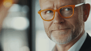 a man wearing orange glasses