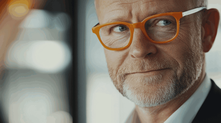 a man wearing orange glasses