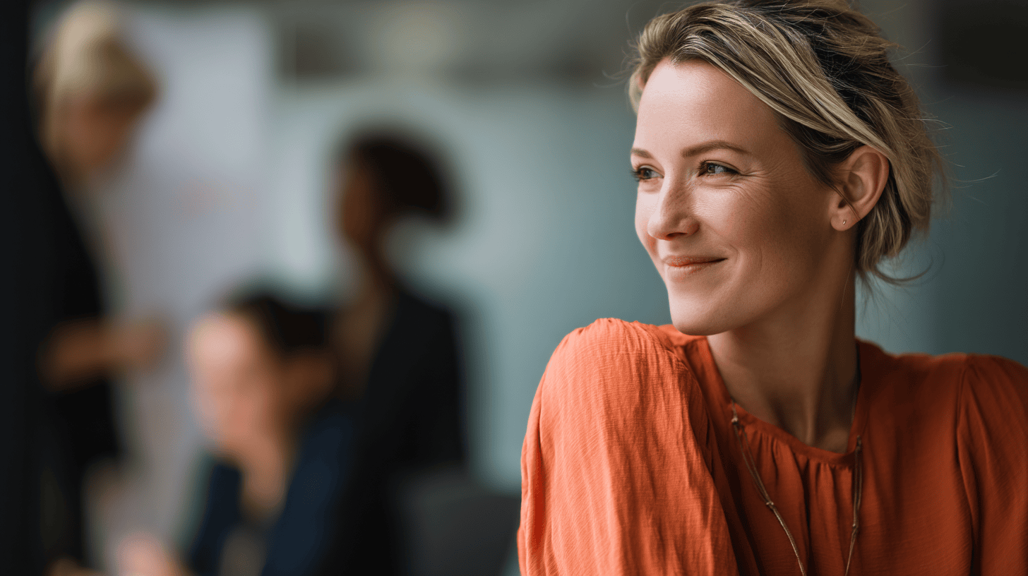 a woman smiling with a woman in the background