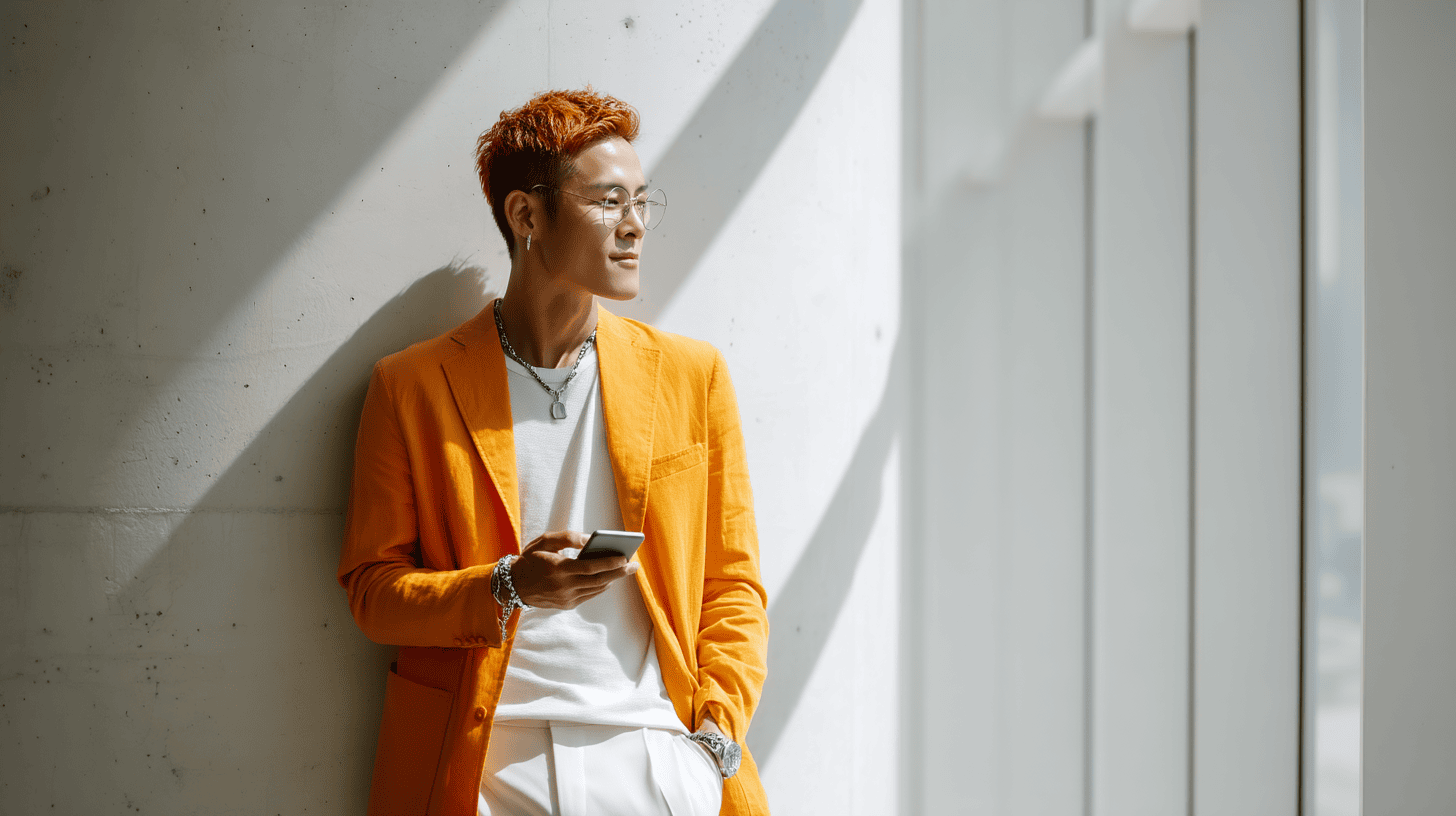 Professional woman in stylish orange blazer using smartphone in modern office building.