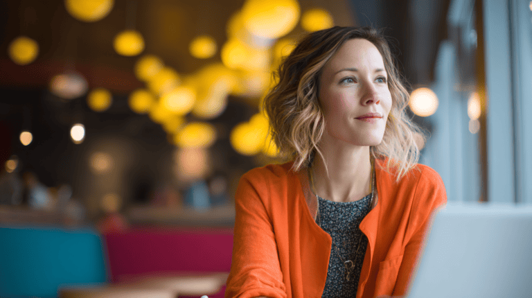 Woman in orange cardigan at café