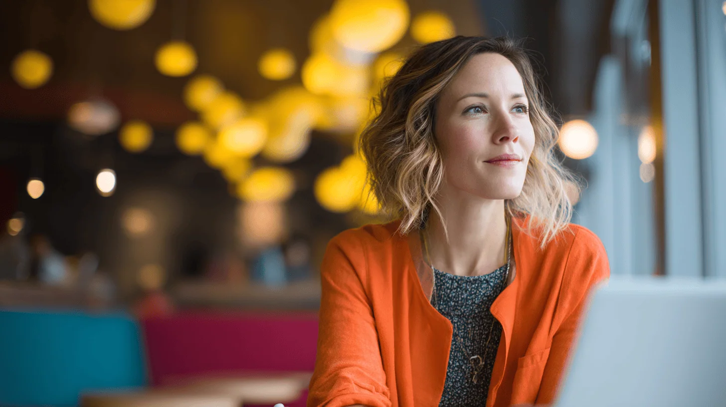 Woman in orange cardigan at café