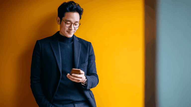Man in suit using smartphone against wall.